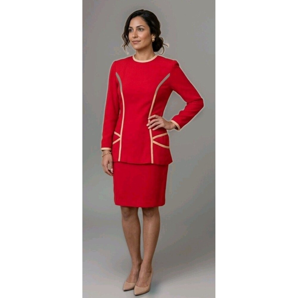 Vintage Elizabeth Simon Dress Women Size 8 Midi Red Gold Trim Wool Blend 80s EUC